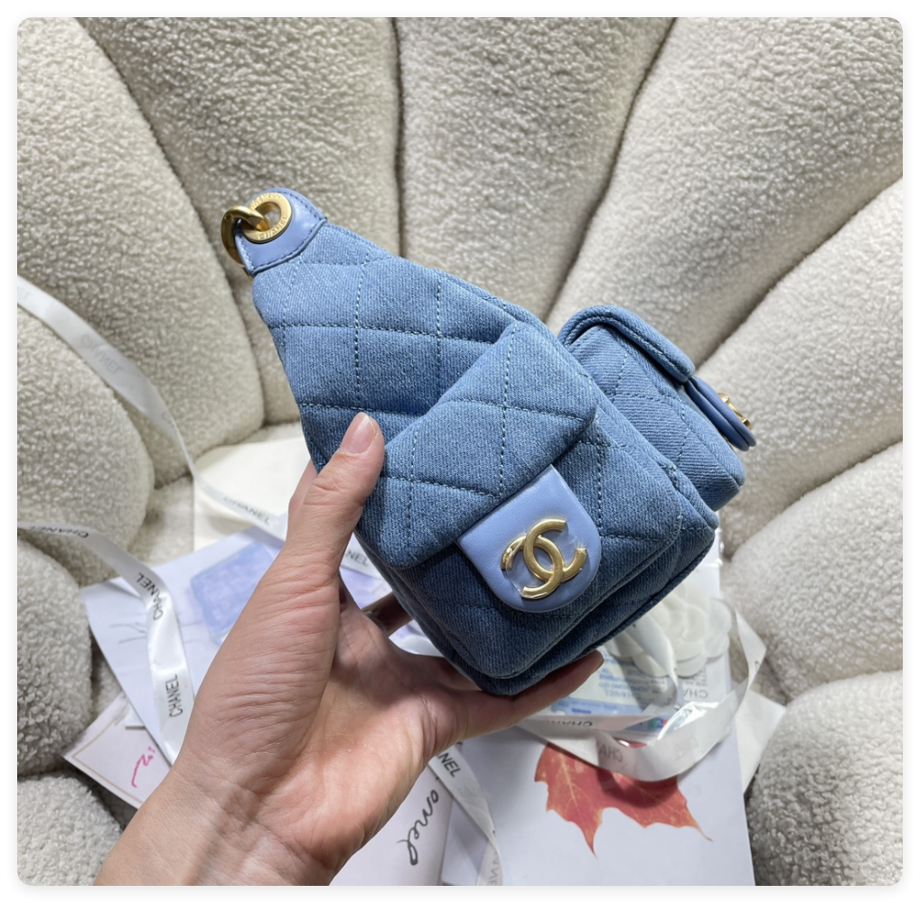 Ch*el cruise 2024/25 large hobo bag washed denim & gold-tone metal blue  22x 31x 15cm