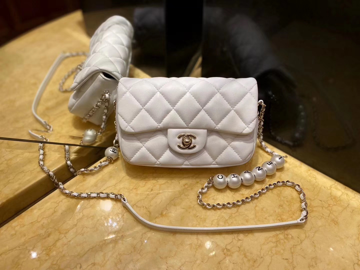 Ch*el small pearl bag in white