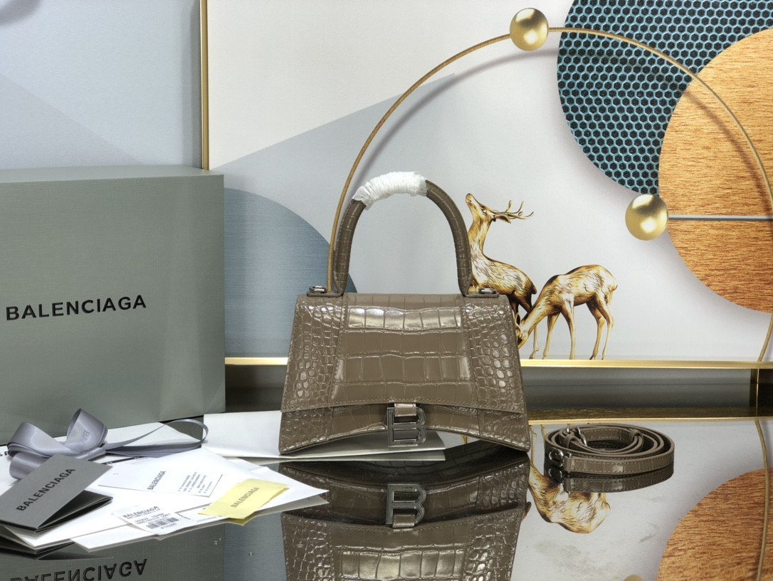 Ba*len*cia*ga women's hourglass small handbag crocodile embossed in beige l9 x h5.5 x w3.9 inch