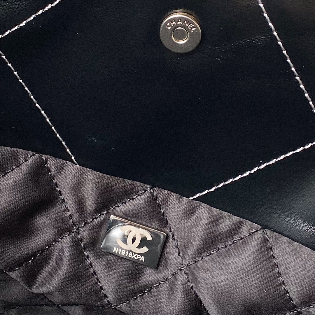 Ch*el 22 small handbag shiny calfskin silver 13.7×14.4×2.7 in