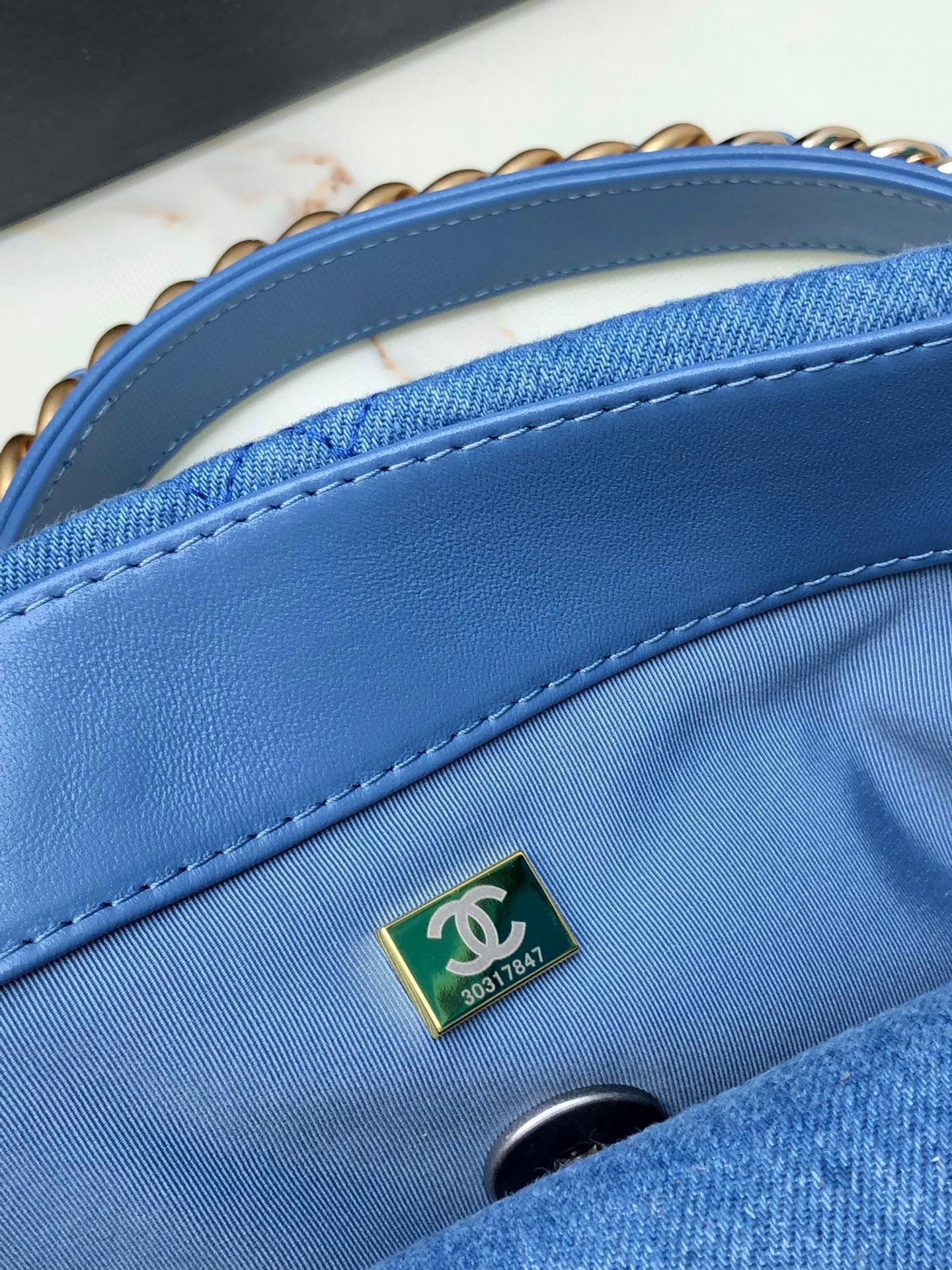 Ch*el 19 large handbag, gold-tone, silver-tone & ruthenium-finish metal blue 7.8 × 11.7 × 3.9 in