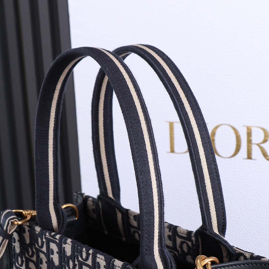 small D*or book tote blue D*or oblique embroidery and calfskin 10.5 x 8.5 x 5.5 inches