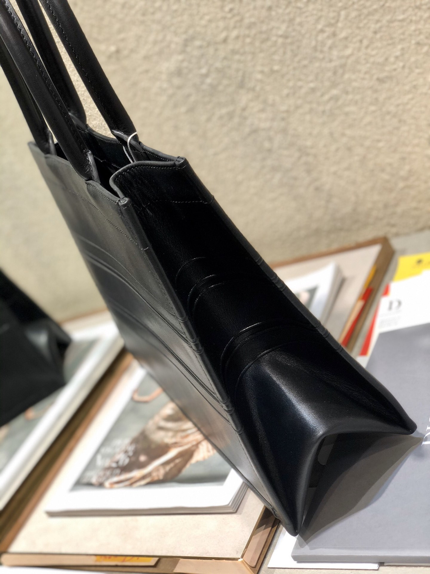 calfskin embossed medium D*or book tote black 14 x 11 x 6.5 inches