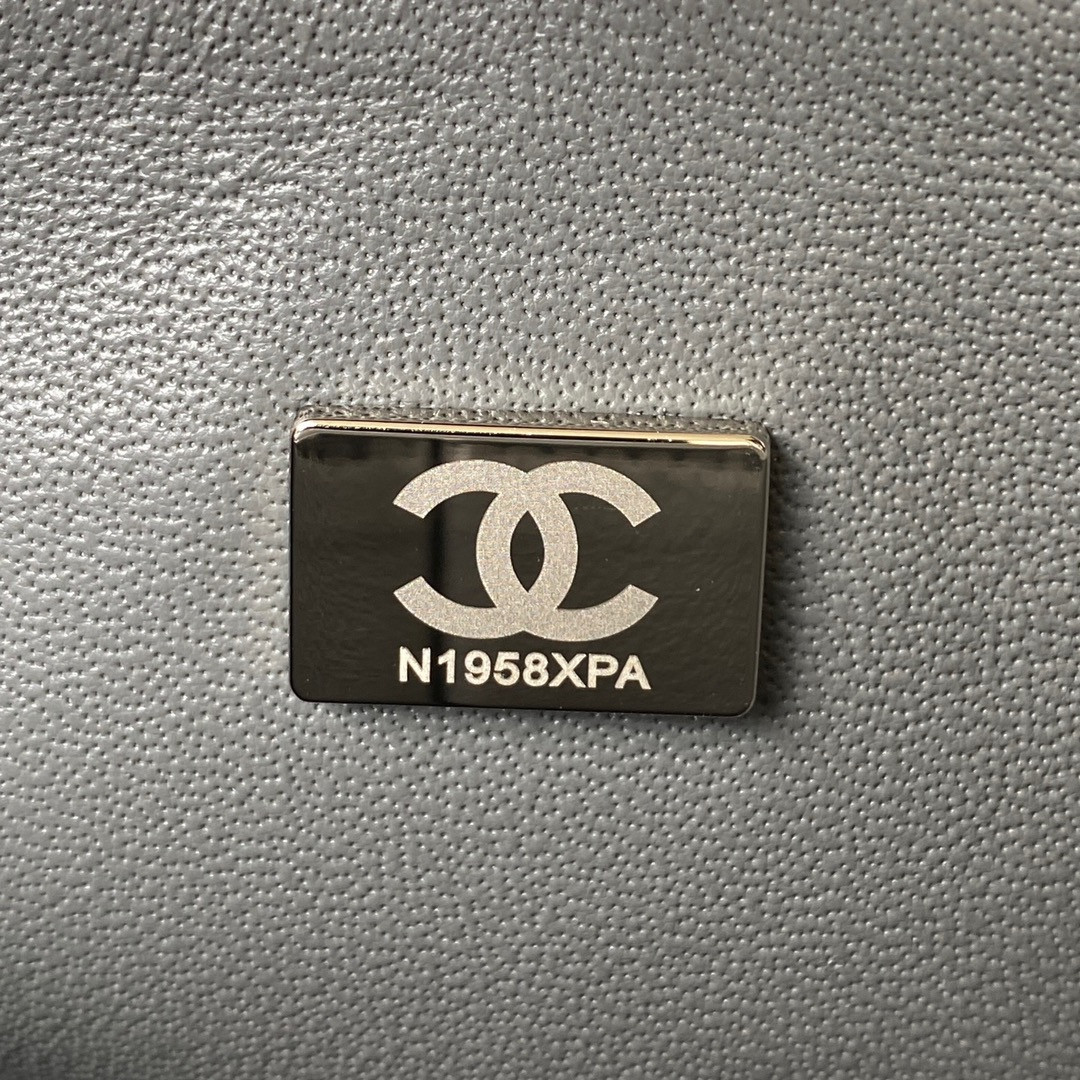 Ch*el small classic handbag grained shiny calfskin & silver-tone metal gray 5.7 × 9 × 2.3 in