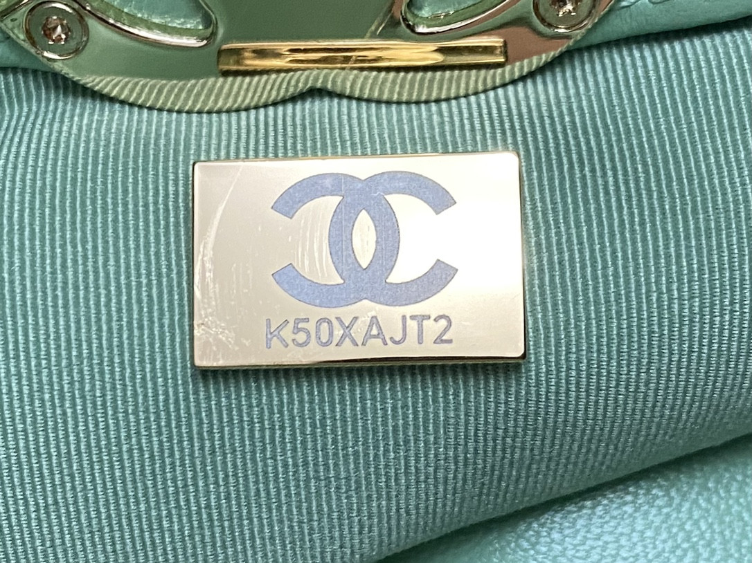 Ch*el mini shopping bag shiny lambskin & gold-tone metal light green 22x23x5.5cm