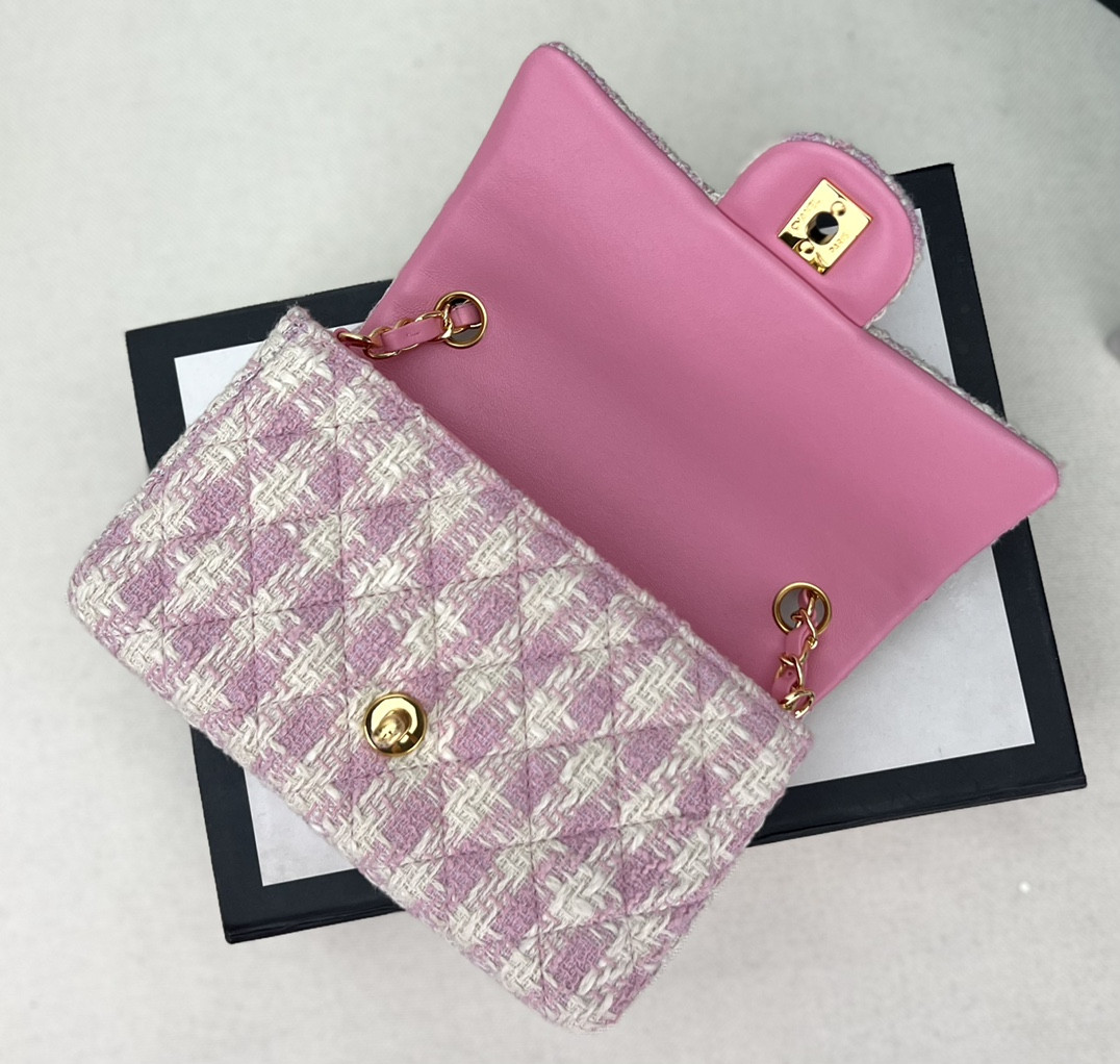 Ch*el mini classic 11.12 handbag tweed & gold-tone metal 4.7 × 7.8 × 2.3 in